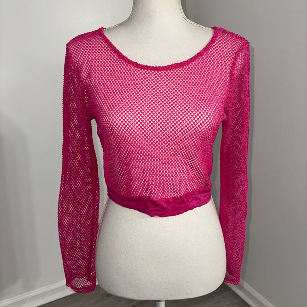 VTG Glitz Hot Pink Fishnet Mesh Crop Top Long Sleeve Y2K‎ Medium